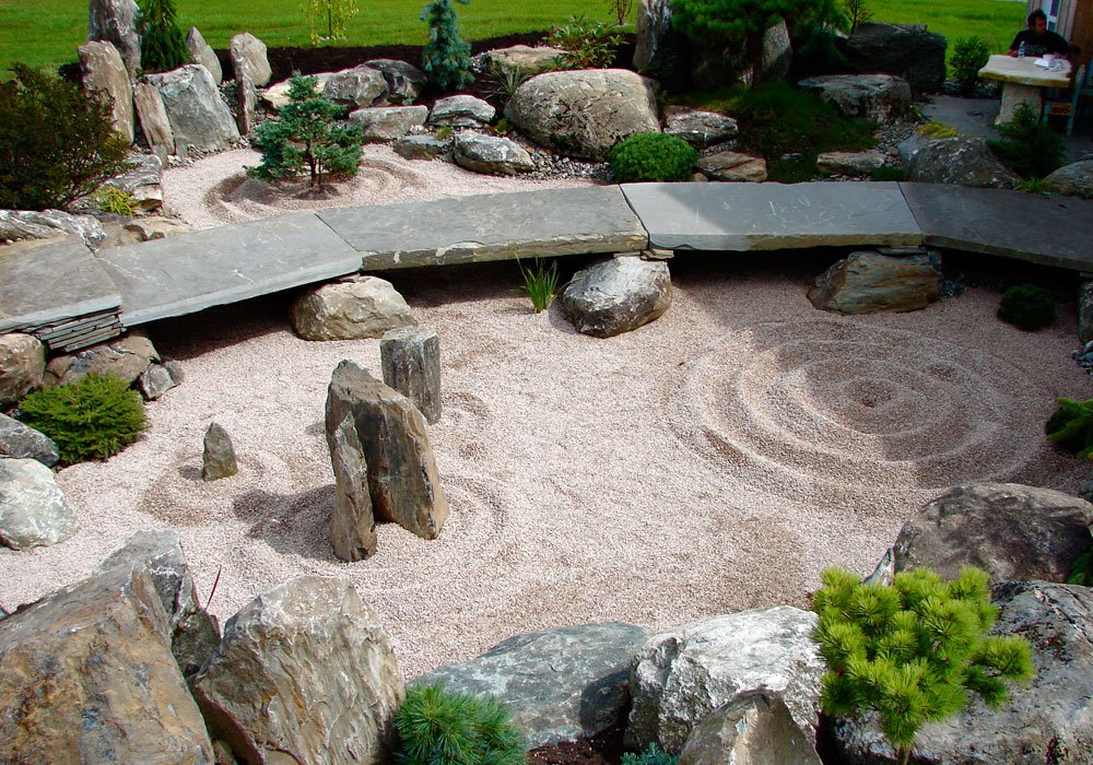 Jardin sec japonais : gravier ratissé en motifs concentriques, passerelle de pierre plate et blocs erratiques.